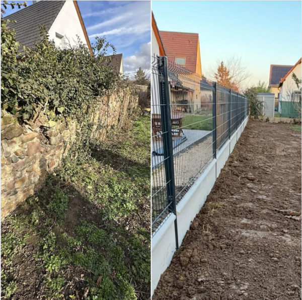 Évacuation d’un mur fragile et remplacement par une clôture avec un grillage 1m23 et bordure de 50 cm