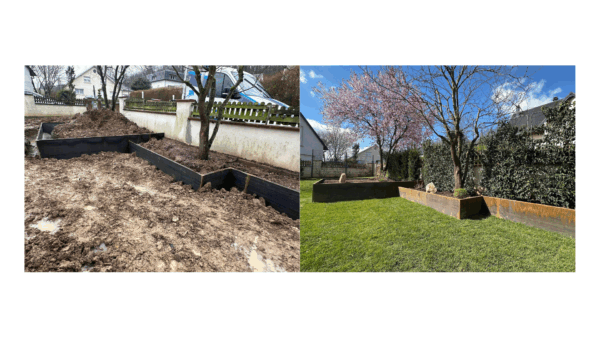 Avant / Après engazonnement avec bac corten sur mesure